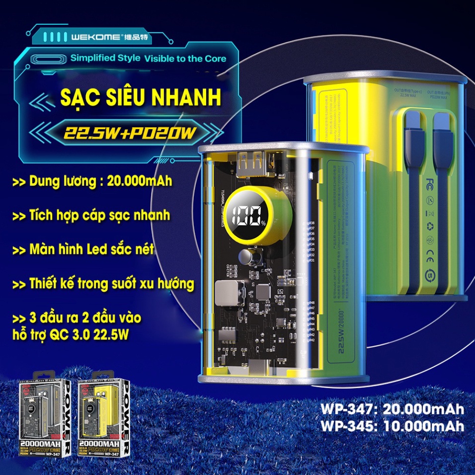 Sạc dự phòng trong suốt WEKOME WP-345/347 10000mAh/20000mAh kèm cáp hỗ trợ sạc nhanh lên đến 22,5W bảo hành chính hãng