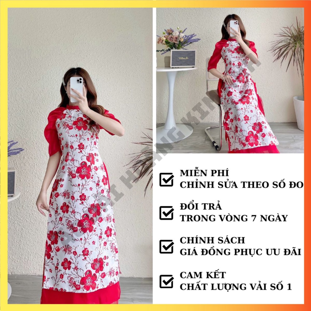 ÁO DÀI CÁCH TÂN NỮ TAY BỒNG CỔ XẾP BÈO LỤA HOA NHÍ DÁNG ĐẦM KÈM CHÂN VÁY XẾP LY THIẾT KẾ SANG CHẢNH MÀU ĐỎ "Cát Tường"