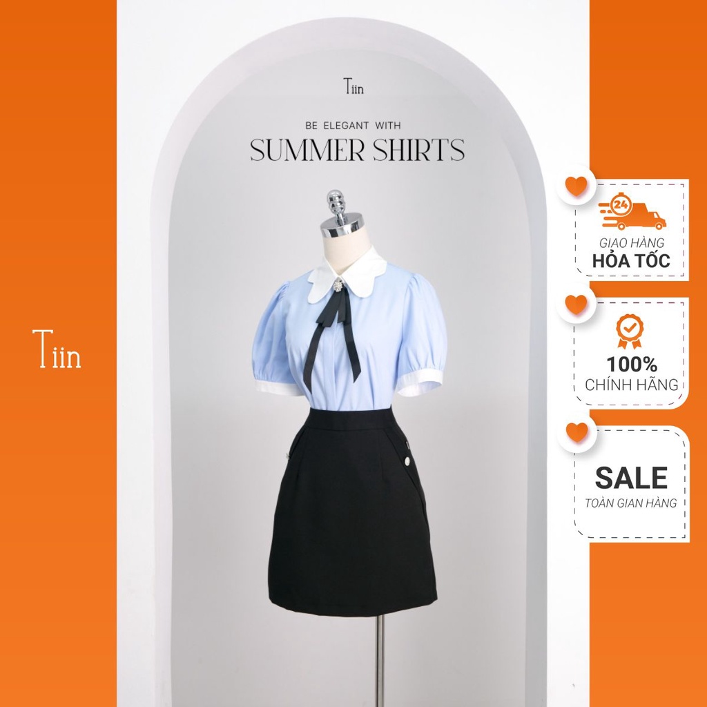 Áo sơ mi nữ cổ đức lượn cánh hoa kèm nơ chất thô tre thoáng mát Tiin Store - AHN764