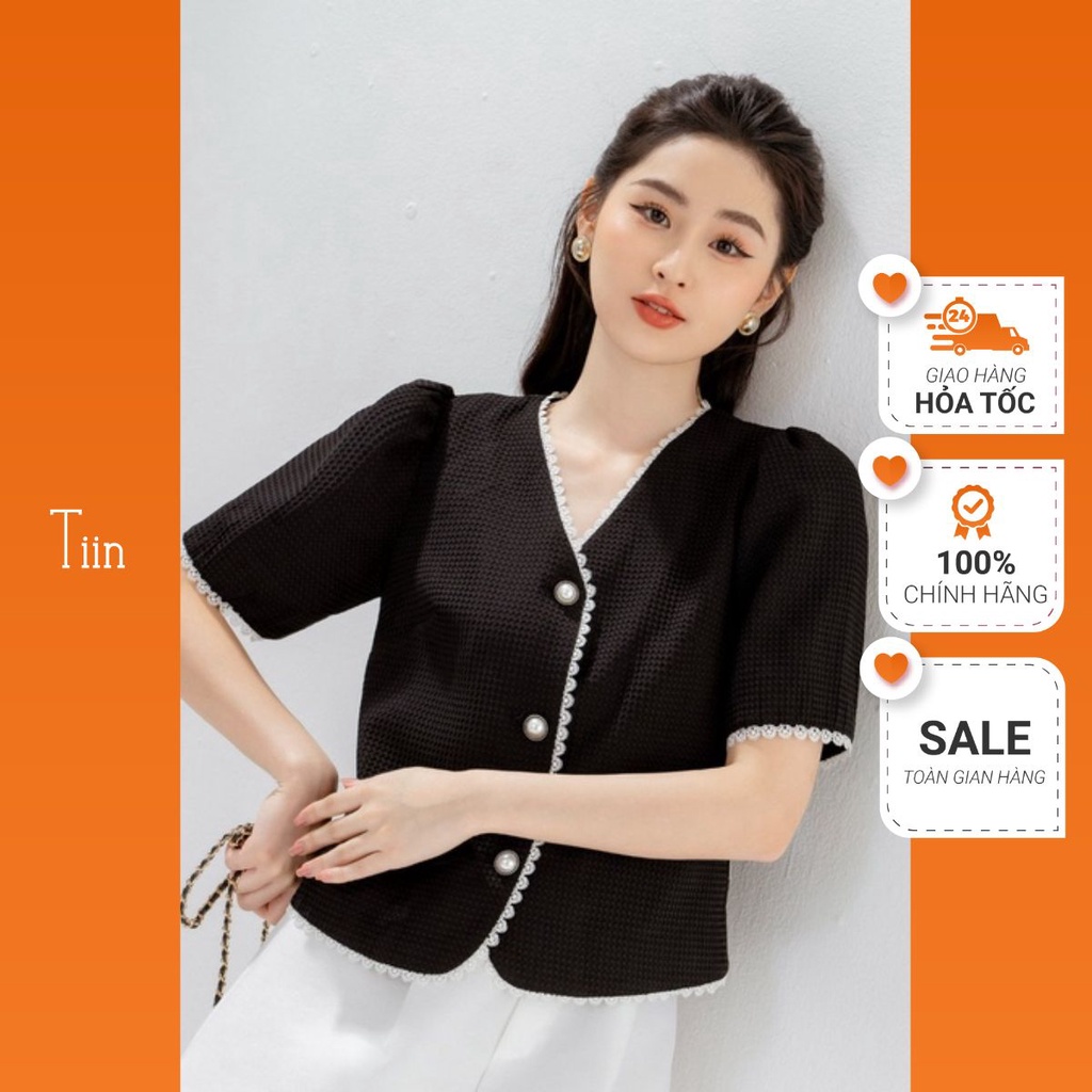 Áo sơ mi cổ tim phối ren chất Tacta hạt đứng form, không nhăn TIINSTORE AHN334