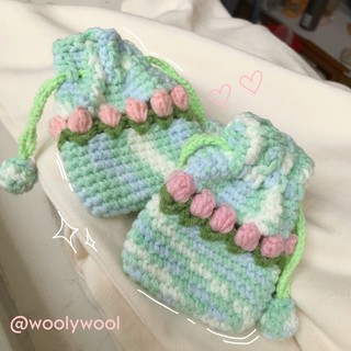Túi ví len mini dây rút handmade hoạ tiết hoa tulip