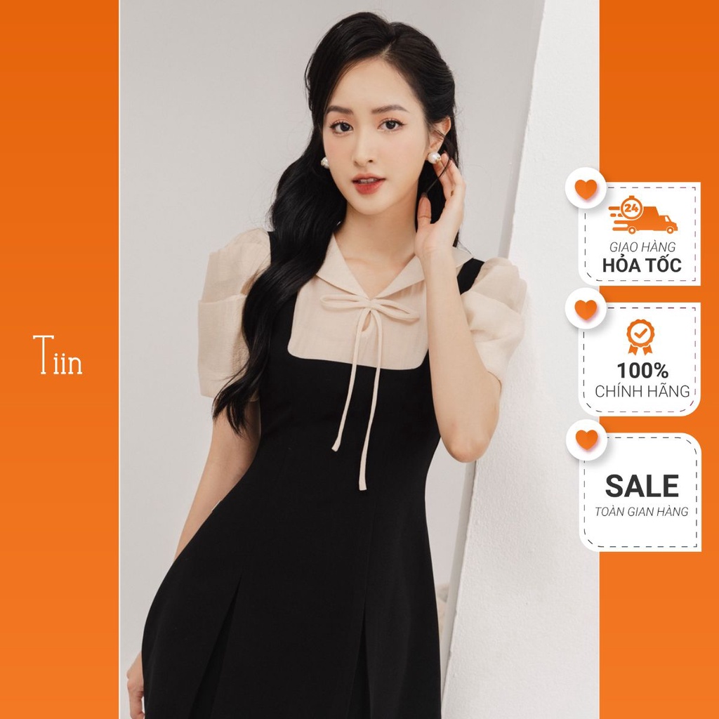 Váy yếm phối cổ nơ tay xếp kiểu sang trọng chính hãng TIINSTORE VHN768