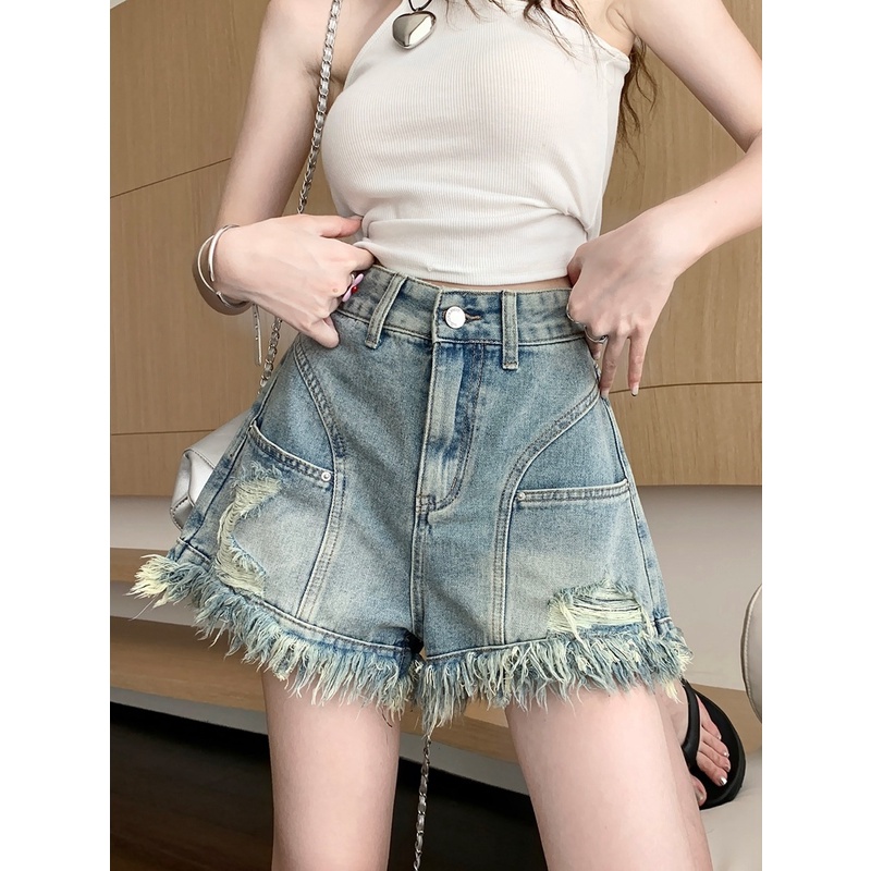 Jiashucheng Quần Short Denim Ngắn Dáng Ôm Phối Rách Kiểu Retro Hàn Quốc Thời Trang Mùa Hè Dễ Phối Đồ