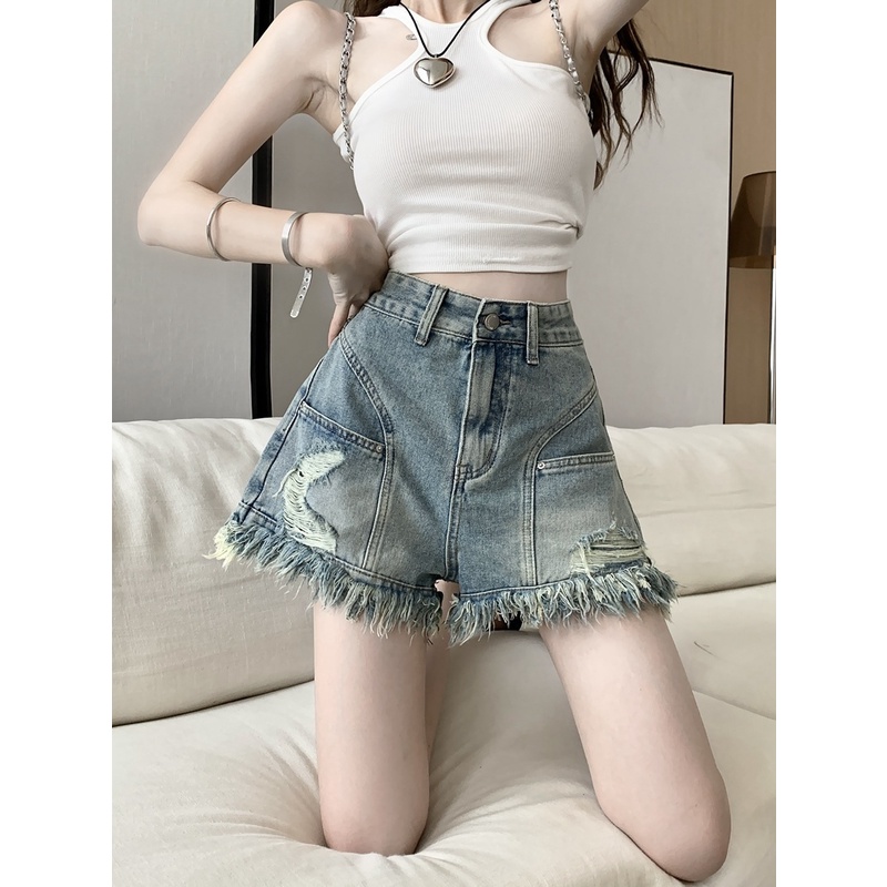 Jiashucheng Quần Short Denim Ngắn Dáng Ôm Phối Rách Kiểu Retro Hàn Quốc Thời Trang Mùa Hè Dễ Phối Đồ