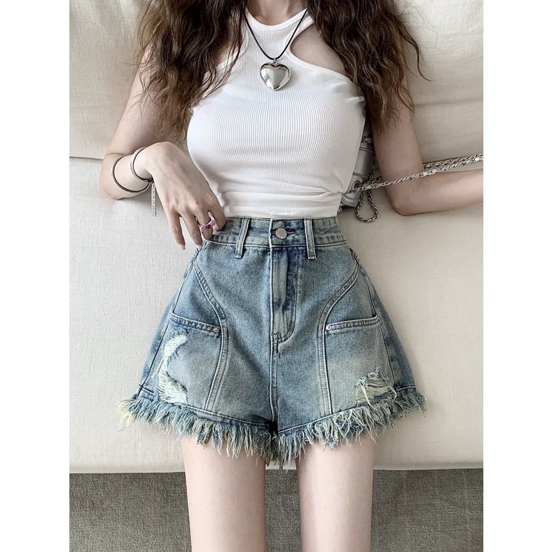 Jiashucheng Quần Short Denim Ngắn Dáng Ôm Phối Rách Kiểu Retro Hàn Quốc Thời Trang Mùa Hè Dễ Phối Đồ