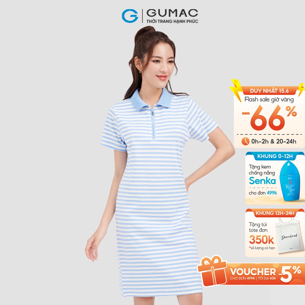 Đầm polo nữ thời trang GUMAC sọc phối bo vải cotton DC09022