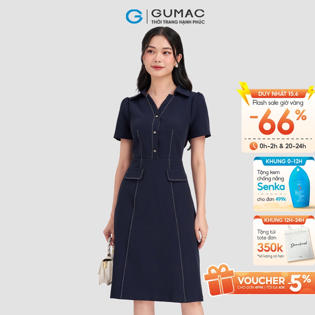 Đầm nữ dáng A phối cổ chỉ viền công sởthanh lịch GUMAC DD03059