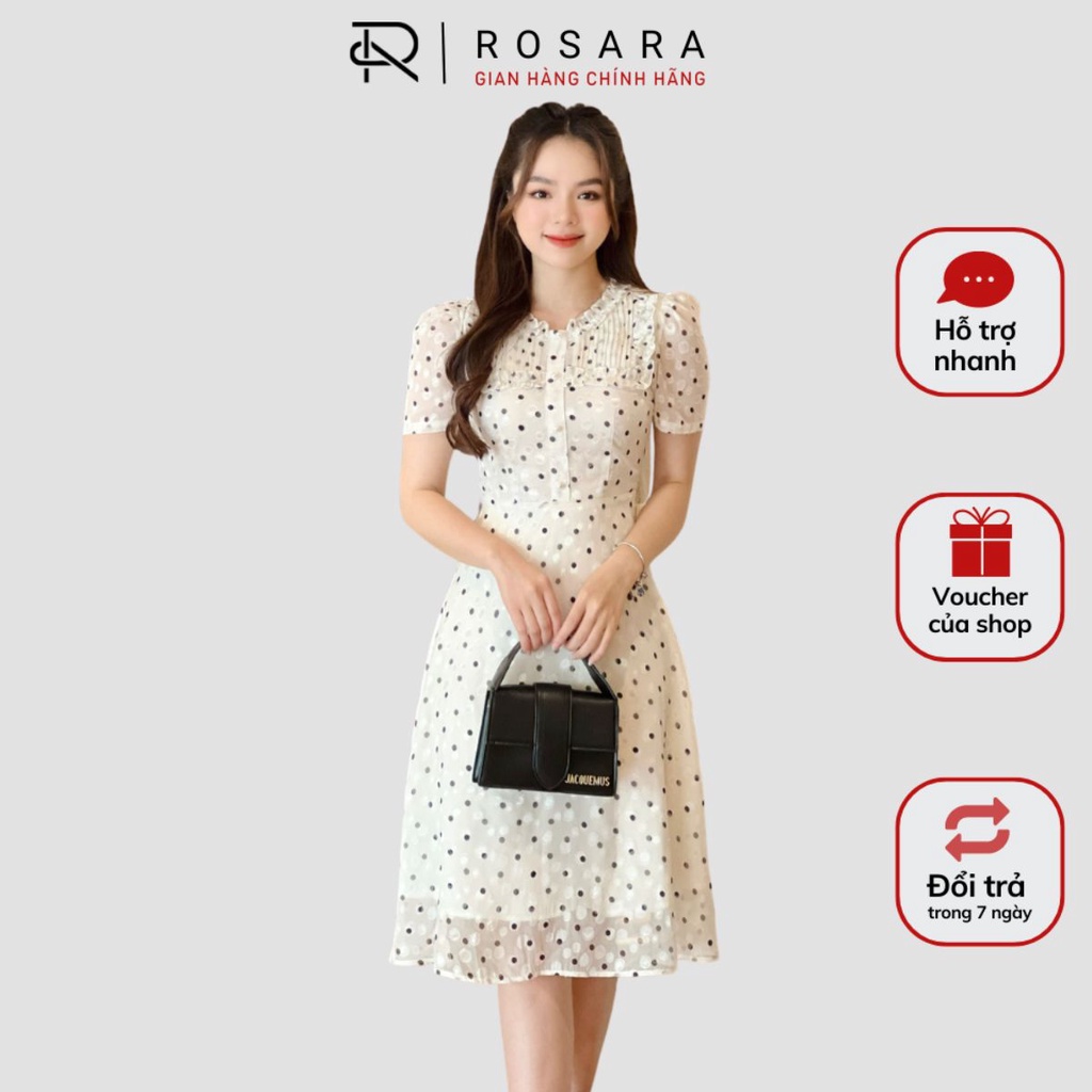 Váy Đầm Be Ngắn Tay Chấm Bi Dáng Xòe Thời Trang Nữ Rosara VA83