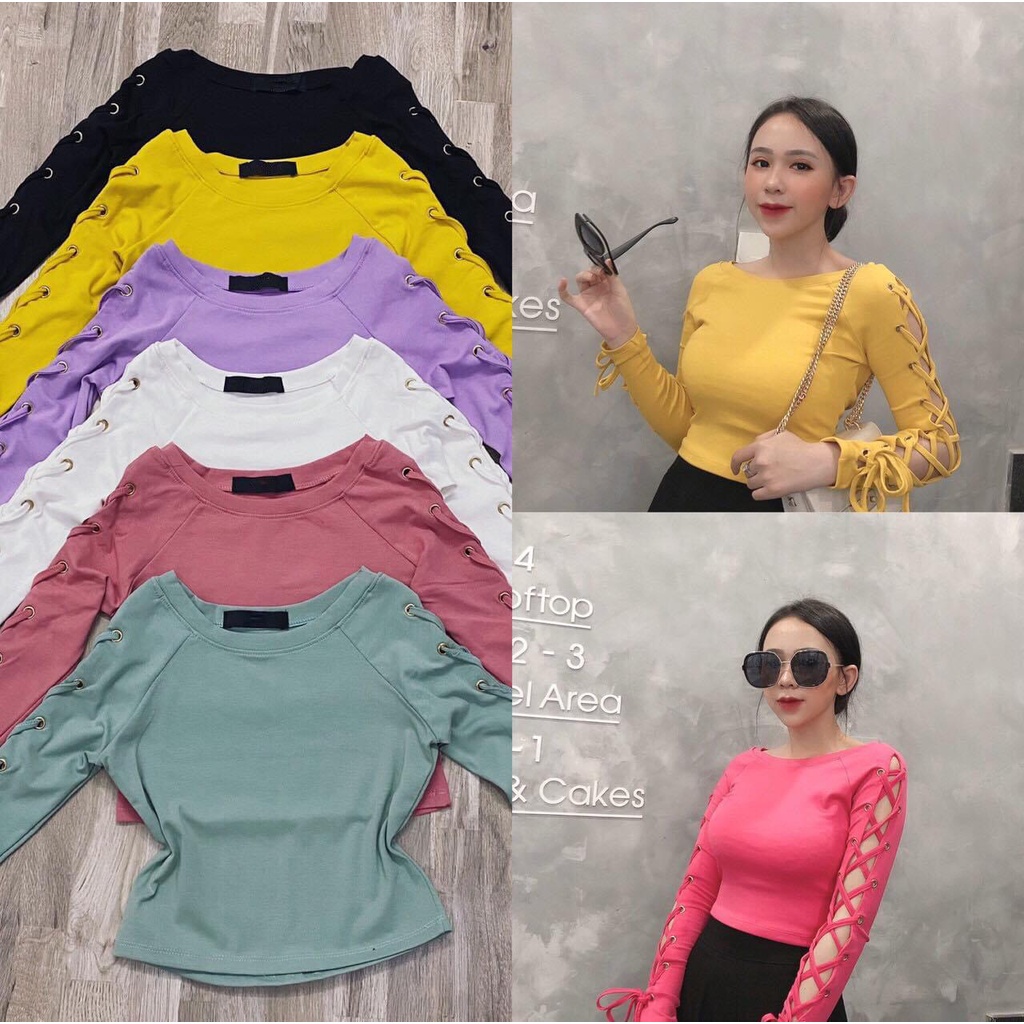 Áo Thun Croptop Tay Dài Đan Dây