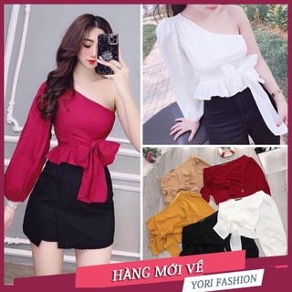Áo lệch vai thắt nơ eo, áo sơ mi lệch vai 1 tay bo eo a141