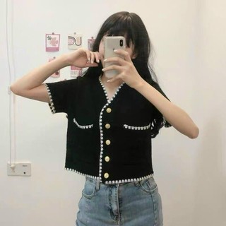 Áo Croptop Viền Nút Tàu, Áo Croptop Thun Gân Phối Nút