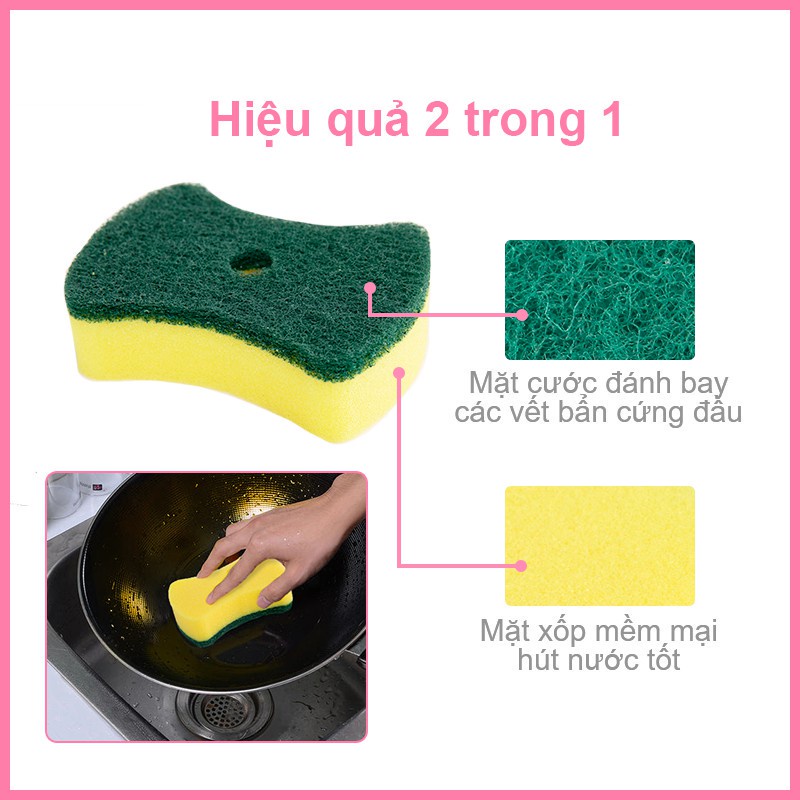 Miếng Bọt Biển Rửa Chén MyJae 2 Mặt, Mút Xốp Rửa Bát Đa Năng Kèm Miếng Nhựa Hít Kê 11.3cm x 7.8cm x 2.7cm (2 Miếng/Gói)