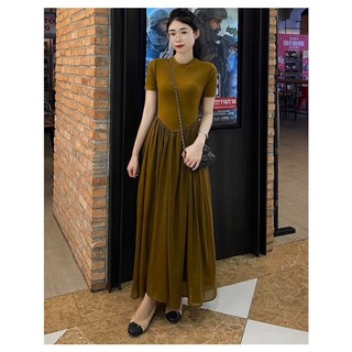 Đầm xoè nâu thun lạnh phối tơ 2 lớp
