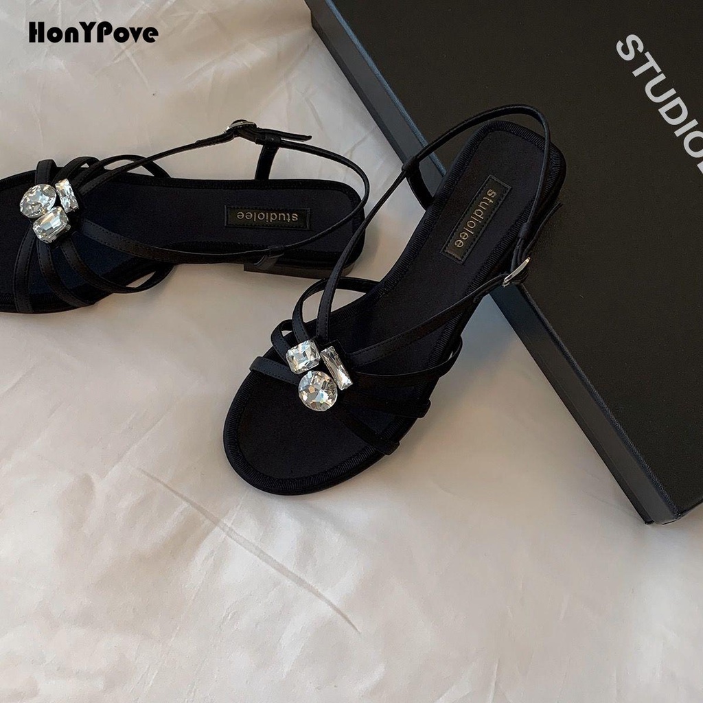 Honypove Giày Sandal Hở Ngón Đế Xuồng Quai Mảnh Đính Đá Quý Thanh Lịch Thời Trang Mùa Hè Kiểu Pháp Cho Nữ