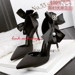 Giày cao gót nữ mũi nhọn đính nơ lụa, dây đính đá gót cao 9p