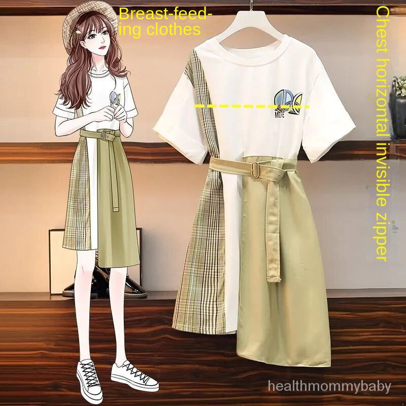 Váy Liền Cho Con Bú Đi Chơi Thời Trang Cộc Tay Sau SinhTÁo Sơ Mi Mặc Bên Ngoài Quần Áo Cho Con Bú Cho Con Bú