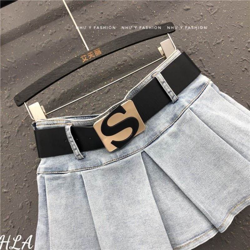 Chân váy jeans nữ, quần bò giả váy xòe kèm đai chữ S hàng QCL1 maybeshop04