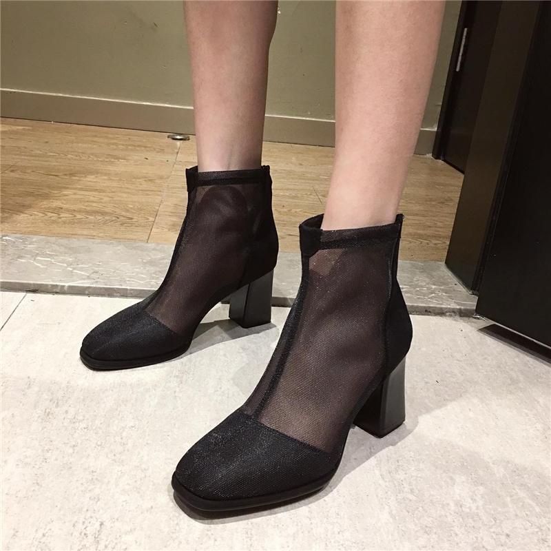 Giày Bốt Lưới Mũi Vuông Gót Dày Thoáng Khí Thời Trang Mùa Hè 2023 Phong Cách Mới Cho Nữ