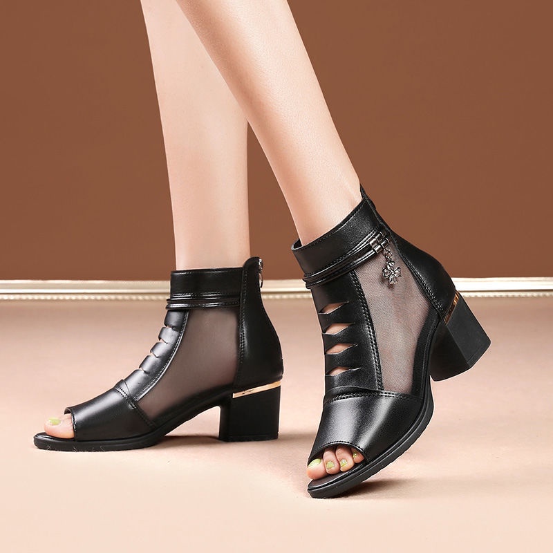 Giày Sandal Da Mềm Dày Dặn Hở Mũi Phối Lưới Thoáng Khí Thời Trang Mùa Hè Cho Nữ