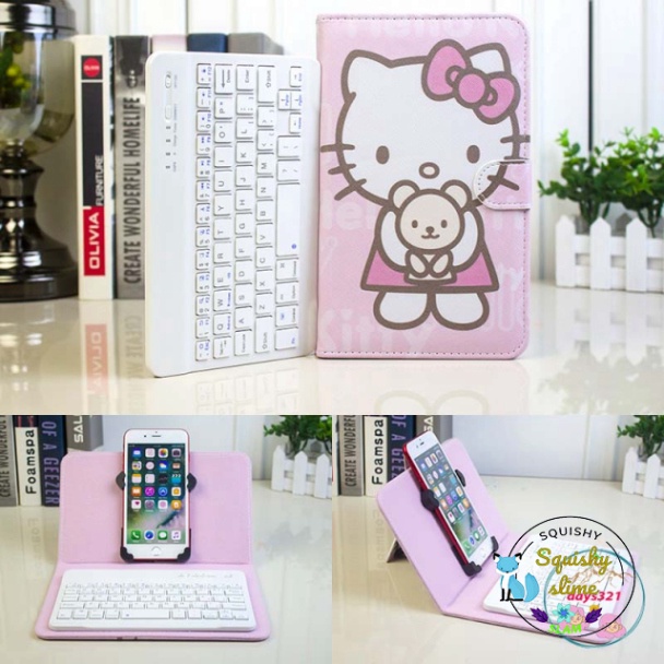 Bao da kèm keyboard không dây bluetooth hình hello kitty bằng chất liệu da PU cho máy vi tính bảng A