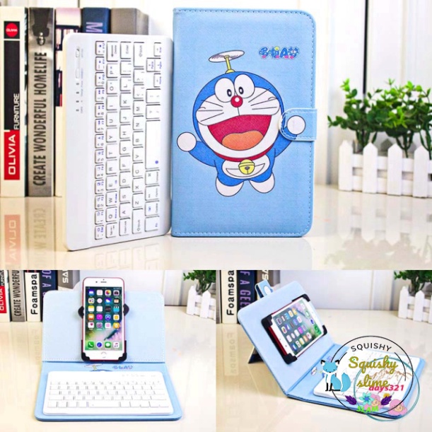 Bao Da Kèm keyboard Bluetooth HÌNH đô rê mon Cho Iphone / Android 4.5-6.8inch đazinăng doraemon
