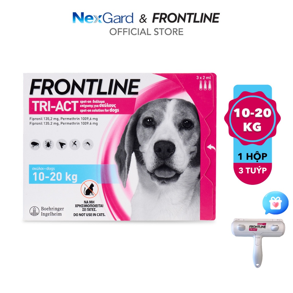 Frontline Tri-Act - Tuýp nhỏ gáy phòng & trị ve, rận, bọ chét, ruồi, muỗi dành cho chó (10-20kg) - 1 hộp 3 tuýp