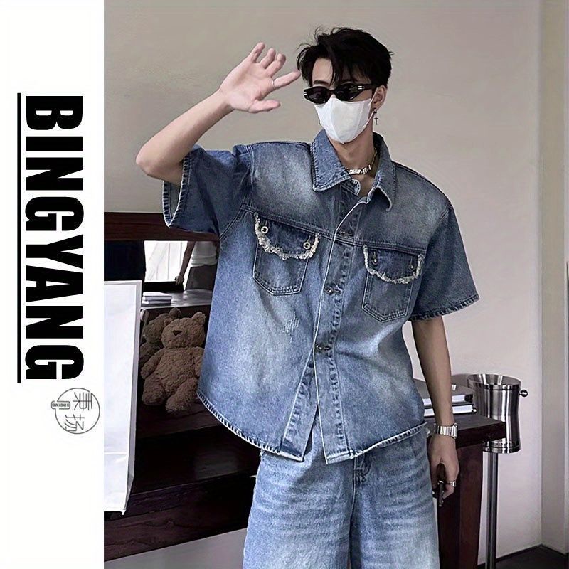 Set Áo Sơ Mi Denim Ngắn Tay Và Chân Váy Ống Rộng Phong Cách Cá Tính Dành Cho Nữ