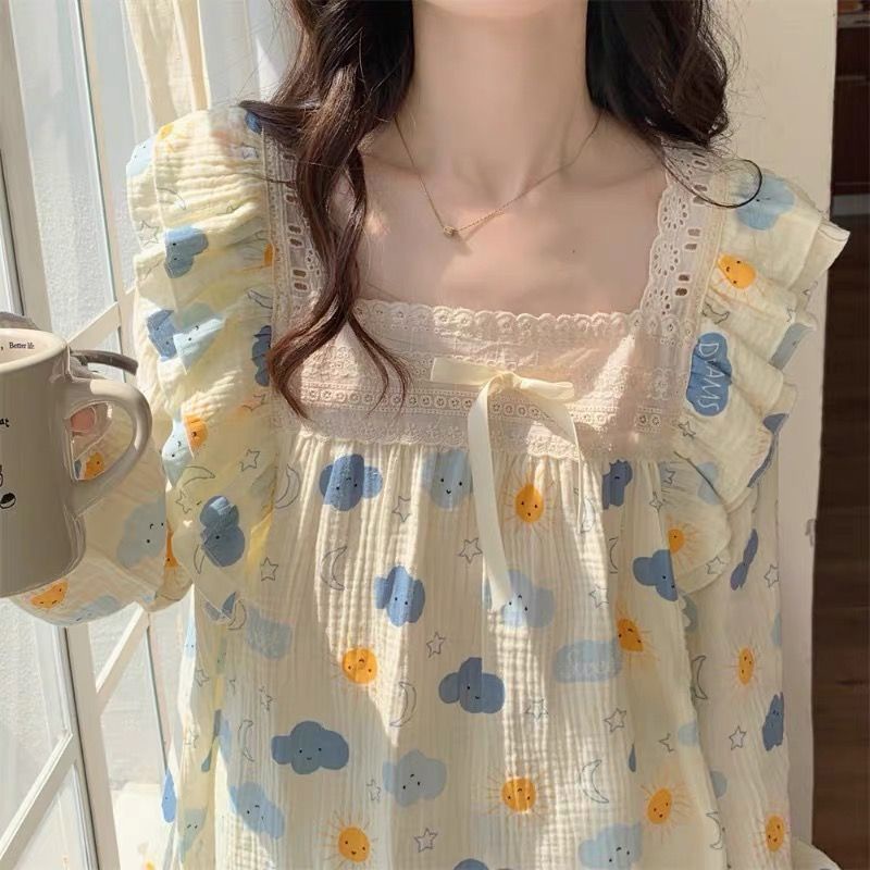 Bộ Đồ Ngủ Tay Dài Viền Ren Nhún Bèo Phong Cách Công Chúa Dễ Thương Thời Trang Xuân Thu Cho Nữ