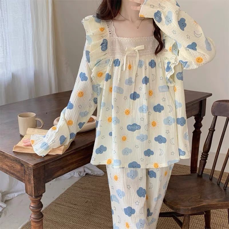 Bộ Đồ Ngủ Tay Dài Viền Ren Nhún Bèo Phong Cách Công Chúa Dễ Thương Thời Trang Xuân Thu Cho Nữ