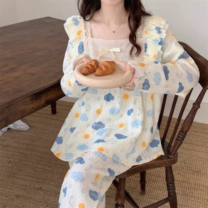 Bộ Đồ Ngủ Tay Dài Viền Ren Nhún Bèo Phong Cách Công Chúa Dễ Thương Thời Trang Xuân Thu Cho Nữ