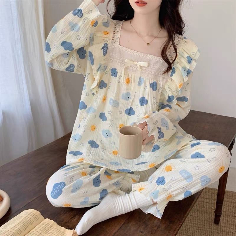 Bộ Đồ Ngủ Tay Dài Viền Ren Nhún Bèo Phong Cách Công Chúa Dễ Thương Thời Trang Xuân Thu Cho Nữ