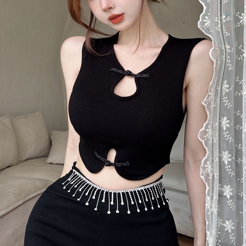 Jiashucheng Áo Ống Ngắn Không Tay Có Đệm Ngực Cài Nút Đĩa Kiểu Trung Hoa Cổ Điển Cho Nữ