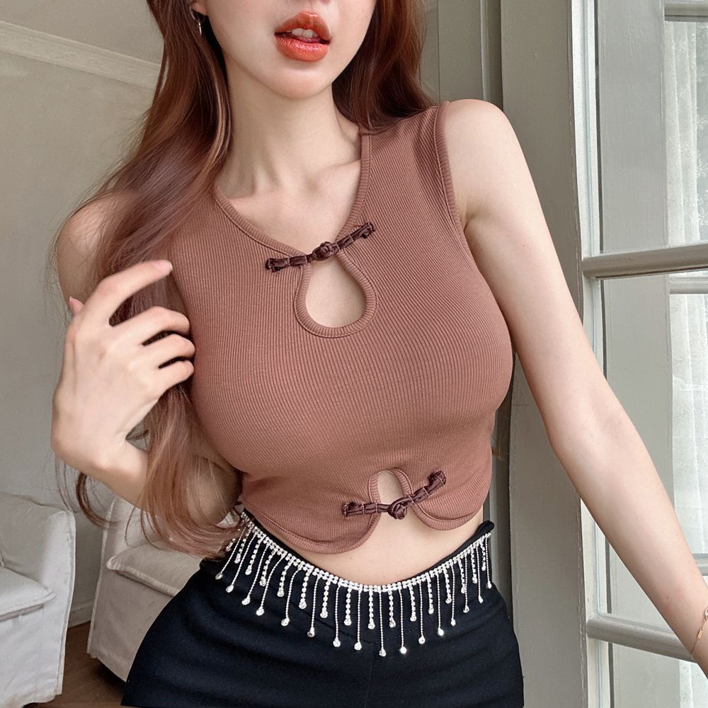 Jiashucheng Áo Ống Ngắn Không Tay Có Đệm Ngực Cài Nút Đĩa Kiểu Trung Hoa Cổ Điển Cho Nữ