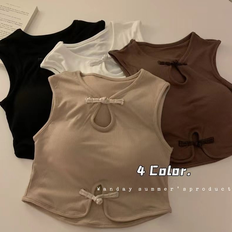 Jiashucheng Áo Ống Ngắn Không Tay Có Đệm Ngực Cài Nút Đĩa Kiểu Trung Hoa Cổ Điển Cho Nữ