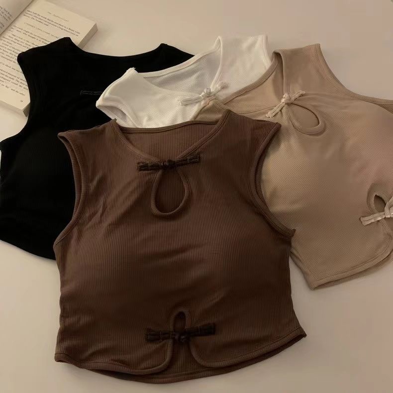 Jiashucheng Áo Ống Ngắn Không Tay Có Đệm Ngực Cài Nút Đĩa Kiểu Trung Hoa Cổ Điển Cho Nữ