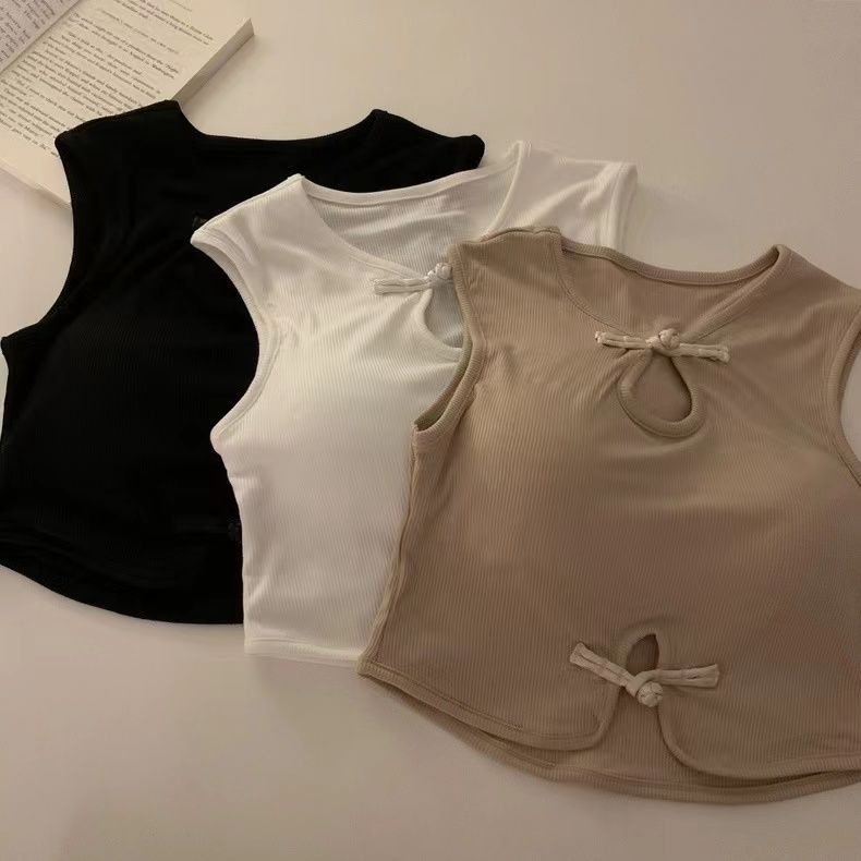 Jiashucheng Áo Ống Ngắn Không Tay Có Đệm Ngực Cài Nút Đĩa Kiểu Trung Hoa Cổ Điển Cho Nữ