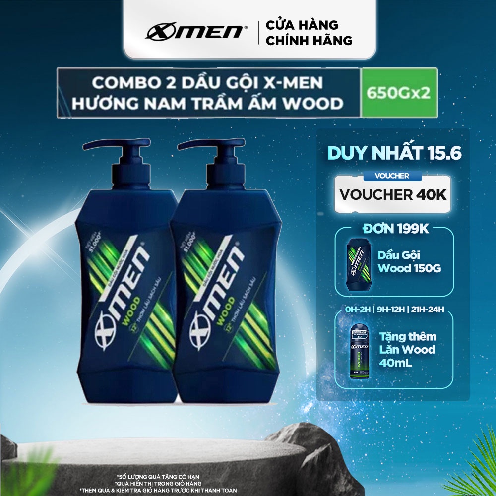 Combo 2 Dầu Gội X-Men Hương Nam Trầm Ấm Wood 650g/chai