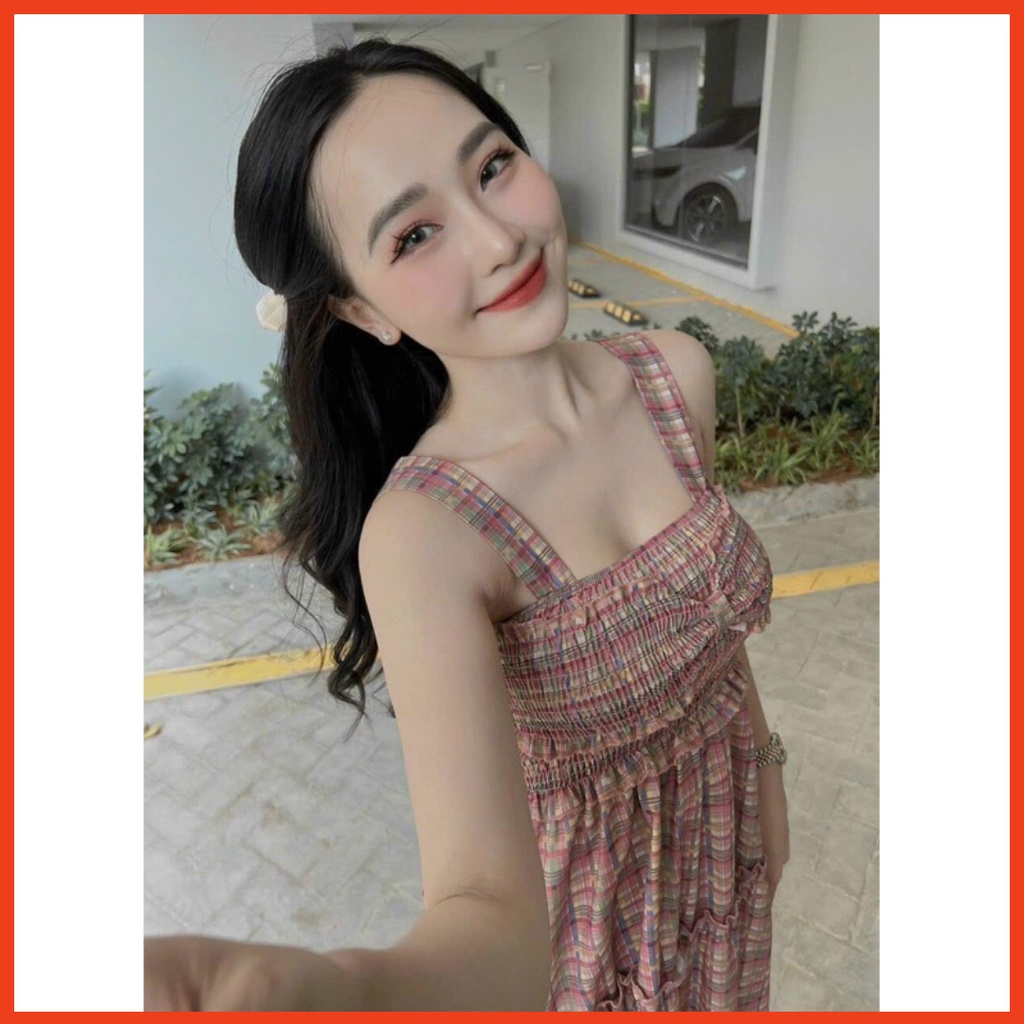 Đầm maxi caro nhún ngực phối nơ Ulzzang siêu hot siêu đẹp - P&T House