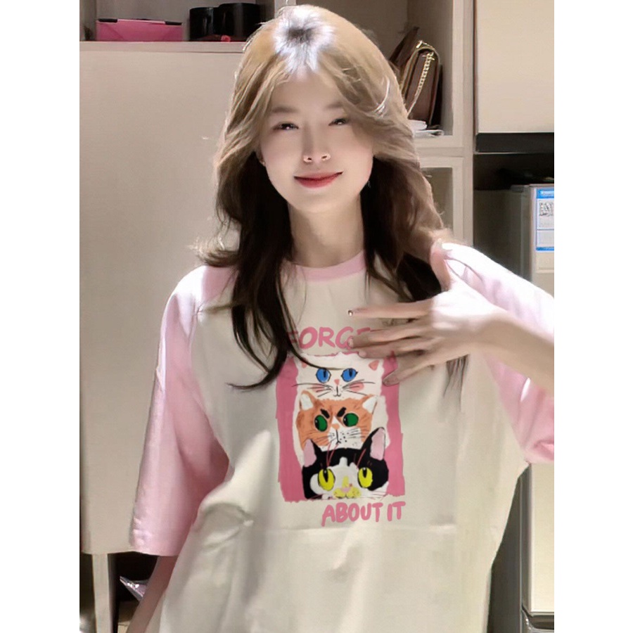 Jiashucheng Áo Thun Cotton Tay Ngắn Dáng Rộng In Hình Mèo Dễ Thương Phong Cách Nhật Bản Thời Trang Mùa Hè Cho Nữ