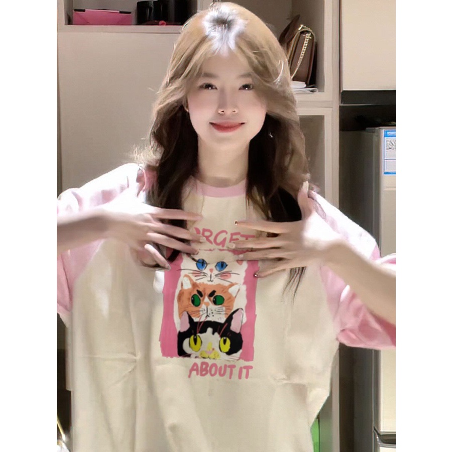 Jiashucheng Áo Thun Cotton Tay Ngắn Dáng Rộng In Hình Mèo Dễ Thương Phong Cách Nhật Bản Thời Trang Mùa Hè Cho Nữ