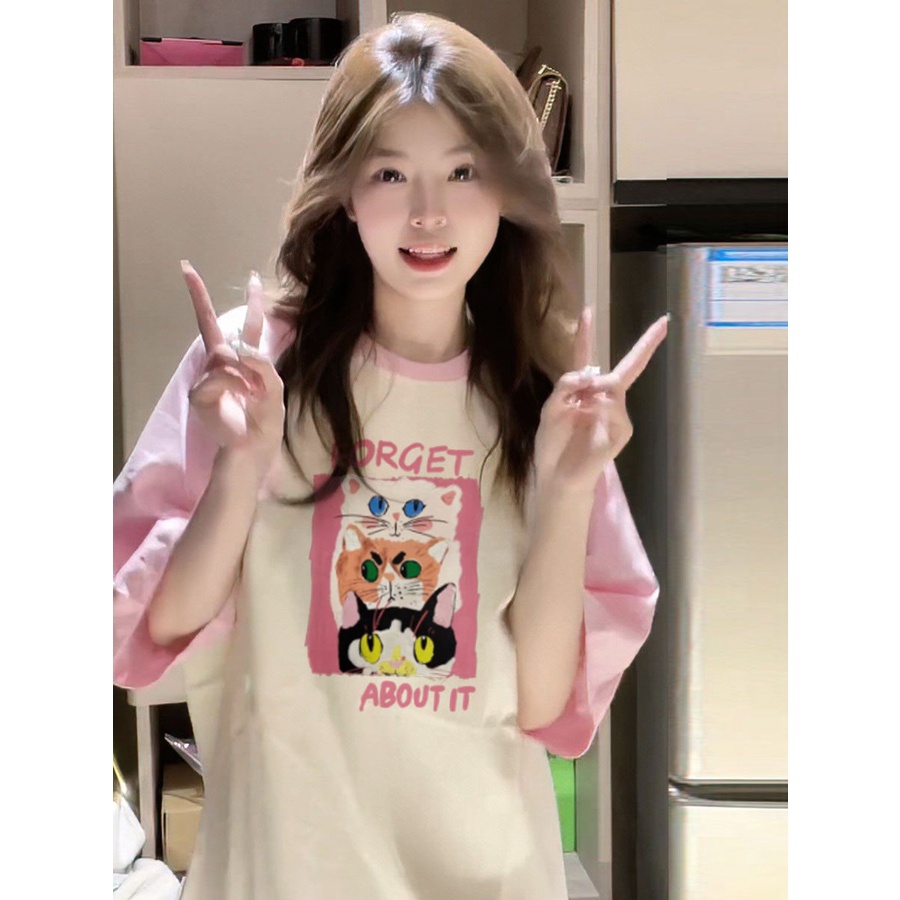 Jiashucheng Áo Thun Cotton Tay Ngắn Dáng Rộng In Hình Mèo Dễ Thương Phong Cách Nhật Bản Thời Trang Mùa Hè Cho Nữ
