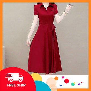(Siêu sale) Váy đầm trung niên dự tiệc cho mẹ dáng dài cổ sơ mi tay lỡ thắt eo Linhnastore