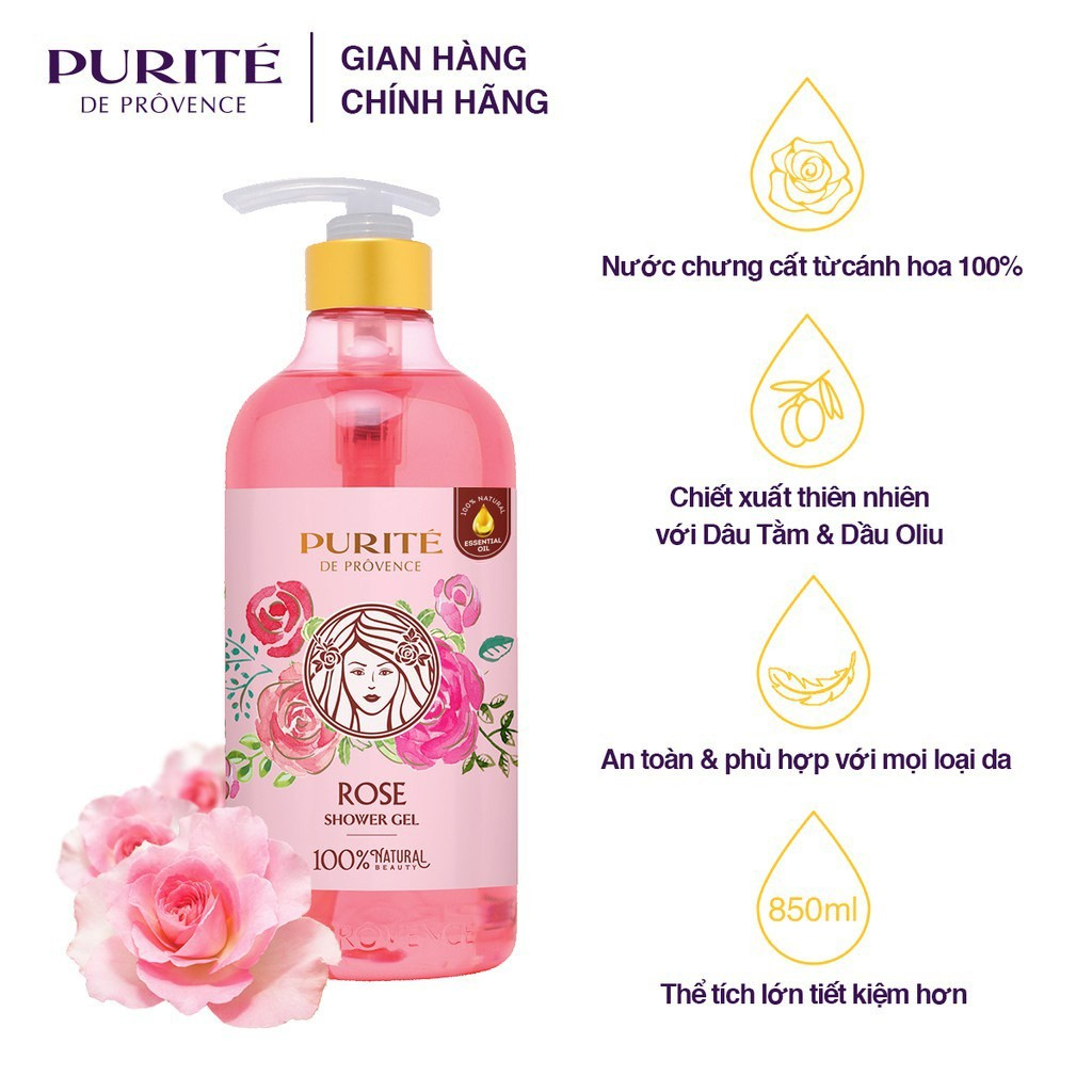 Combo Sữa Tắm Purité Sáng Mịn Hoa Hồng 850ML + Dầu Gội Purité Óng Mềm Lưu Hương Hoa Hồng &amp; Ôliu 180ML