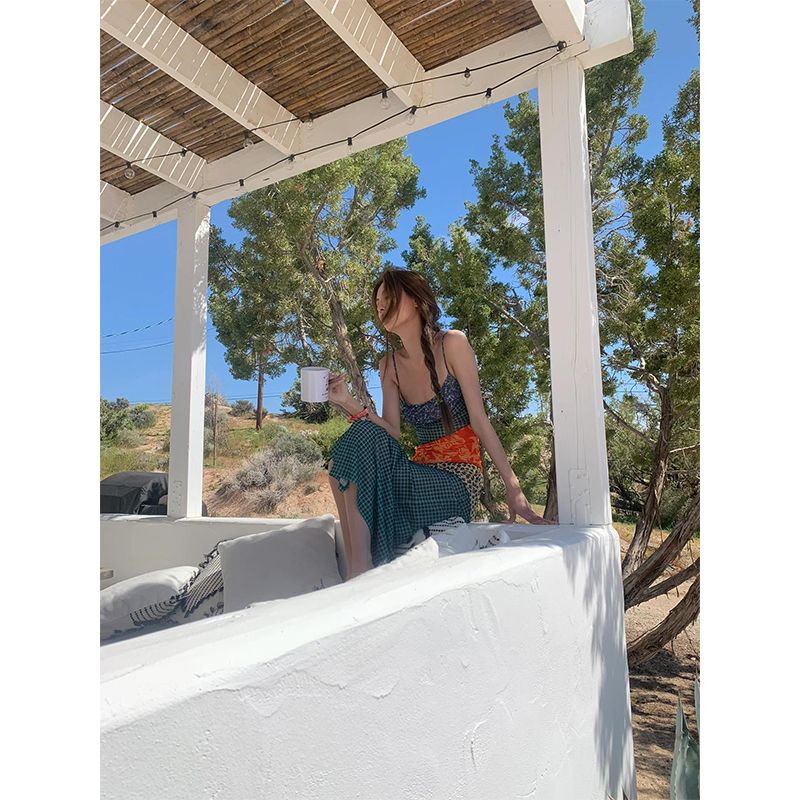 Đầm Dài Xẻ Tà Phối Màu Tương Phản Phong Cách Mỹ Cổ Điển Thời Trang Mùa Hè Mới Cho Nữ