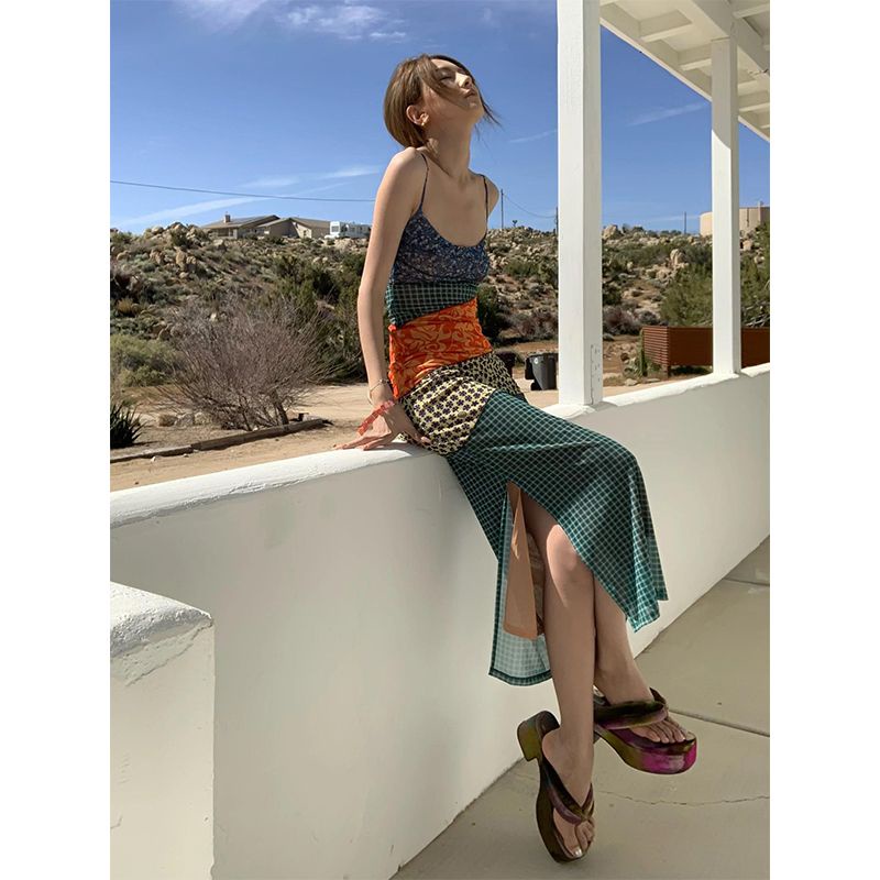 Đầm Dài Xẻ Tà Phối Màu Tương Phản Phong Cách Mỹ Cổ Điển Thời Trang Mùa Hè Mới Cho Nữ