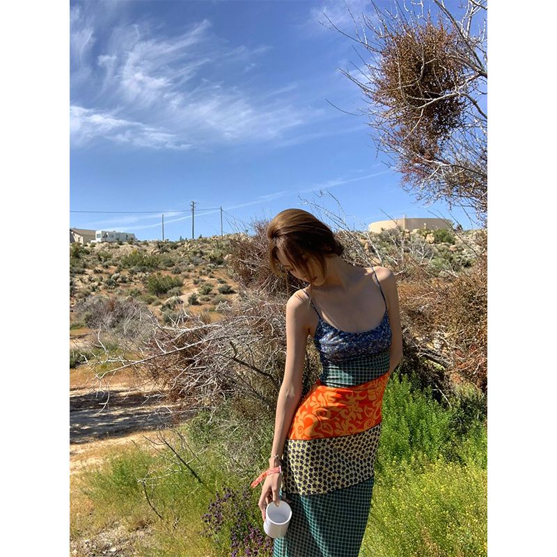 Đầm Dài Xẻ Tà Phối Màu Tương Phản Phong Cách Mỹ Cổ Điển Thời Trang Mùa Hè Mới Cho Nữ