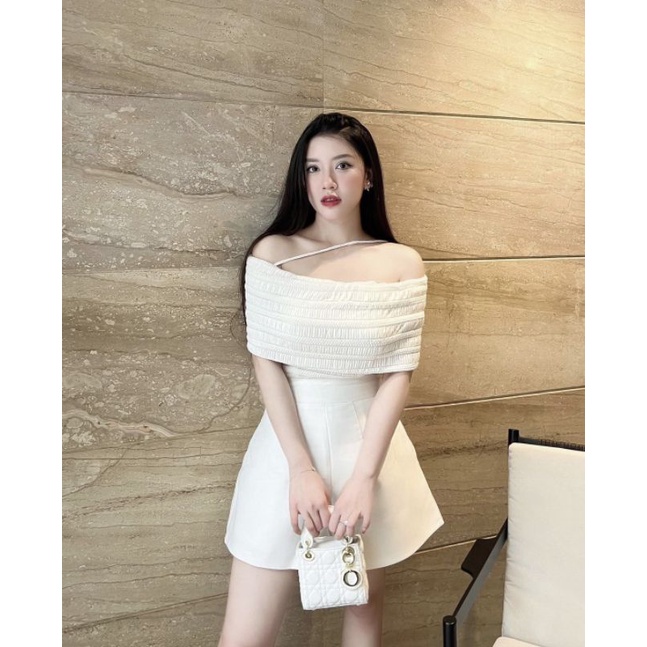 Set ren 2 món áo ren trễ vai mix dây chéo cổ kèm chân váy tafta dáng chữ A có lót trong ulzzang Hàn Quốc - Ảnh thật