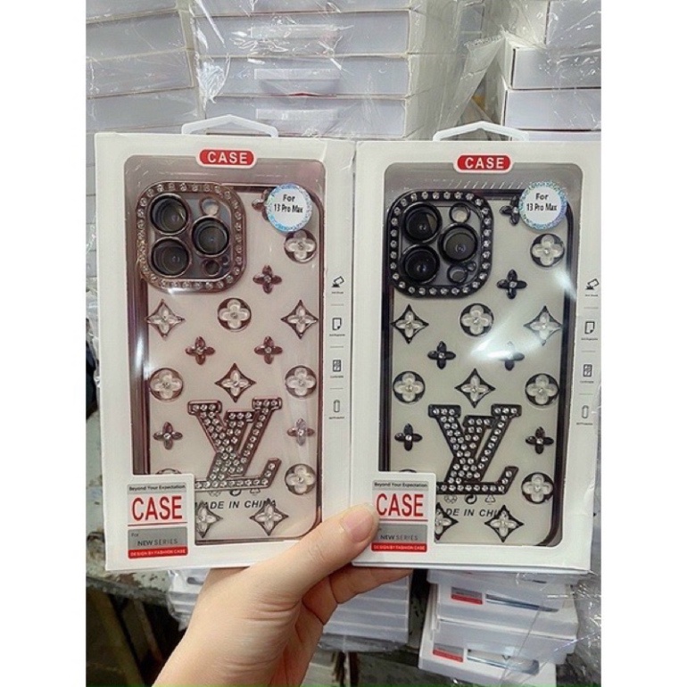 Ốp lưng viền vuông đính đá hoạ tiết LV cho iPhone 7 Plus, 8, X, XS, XS Max, 11, 11 Pro Max siêu đẹp sang trọng
