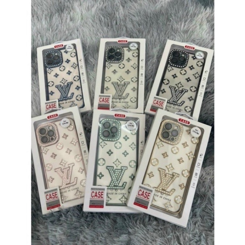Ốp lưng viền vuông đính đá hoạ tiết LV cho iPhone 7 Plus, 8, X, XS, XS Max, 11, 11 Pro Max siêu đẹp sang trọng