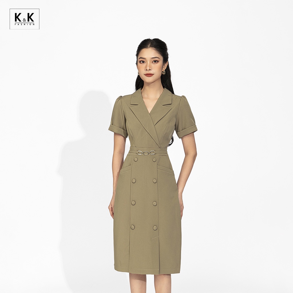 Đầm nâu ôm body cổ vest phối nút K&K Fashion KK130-19 Chất Liệu Carolan cao cấp